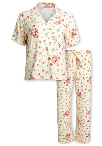 Image of COCO BRANDS Strawberry Shortcake Womens Pajama Sets - 2 Piece Soft Stretch Button Down Sleep Shirt and Pajama Pants