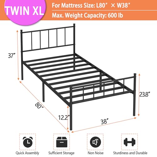 DIIYIV Twin XL Bed Frame-Classic Metal Platform Bed Frame,Mattress Foundation with Steel Slat Support,Under Foundation Storage,No Box Spring Needed, Easy Assembly,Twin XL Size