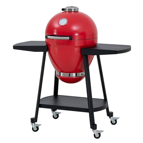 Sunjoy Charcoal Grill 20-Inch Kamado Grill with Pizza Stone, Ultimate Outdoor BBQ Egg Grill and Smoker with Wheels, Red