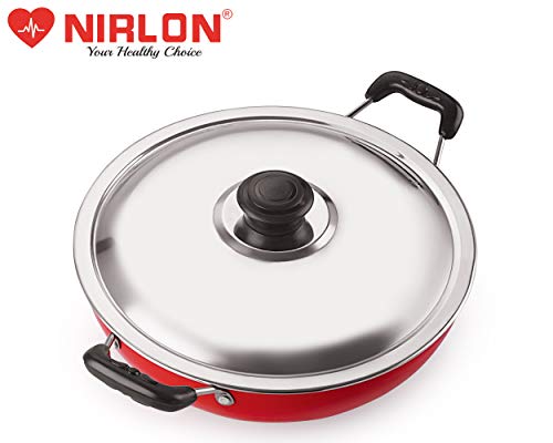Image of Nirlon Gas Compatible Nonstick Aluminium Deep Fry Kadhai Pan with Steel Lid 24cm - 3 LTR(26 mm Classic DKD(B))