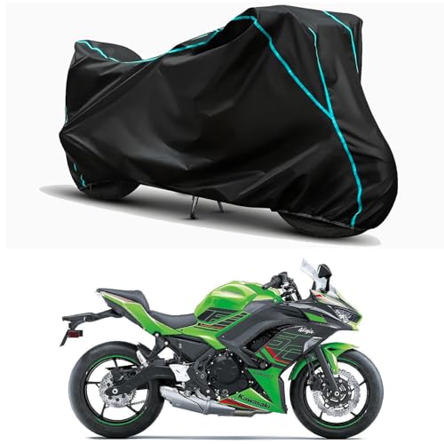 Image of Waterproof Bike Body Cover Compatible for | KawasaNinja 650 | Taffeta Fabric, Sky Piping Design, Bottom Elastic Fit | Dustproof, Sun UV & Rain Protection for All Weather.