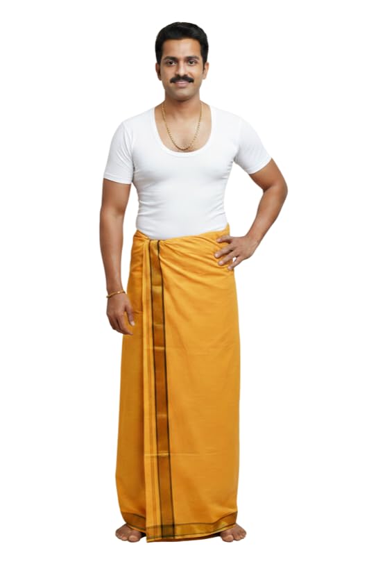 tharunsha elite Men’s Dhoti 100% Cotton Thalapathy Border 2.25 Mtrs Temple Wear Dhoti/Veshti/Mundu Single-Saffron (Lemon Yellow)-picture-19