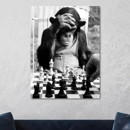 Tableau vintage singe échecs impression sur toile salon classique