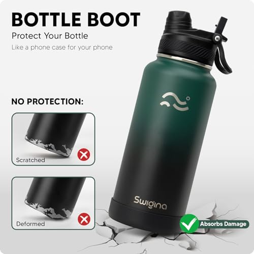 Image of Swigina Insulated Water Bottle with Silicone Boot (36hrs Cold /18hrs Hot) - DIY Stickers, [2-in-1 Lid], BPA Free, 32 oz