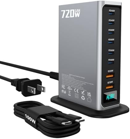 720W USB C Fast Charger Block, PD 3.1 140W 8 Port USB Charging Station, GaN â…¢ Fast Charging Station for Multiple Devices, Laptop Charger Station Compatible with iPhone 17/iPad/MacBook,Samsung, Silver