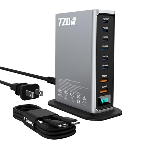 720W USB C Fast Charger Block, PD 3.1 140W 8 Port USB Charging Station, GaN Ⅲ Fast Charging Station for Multiple Devices, Laptop Charger Station Compatible with iPhone 17/iPad/MacBook,Samsung, Silver