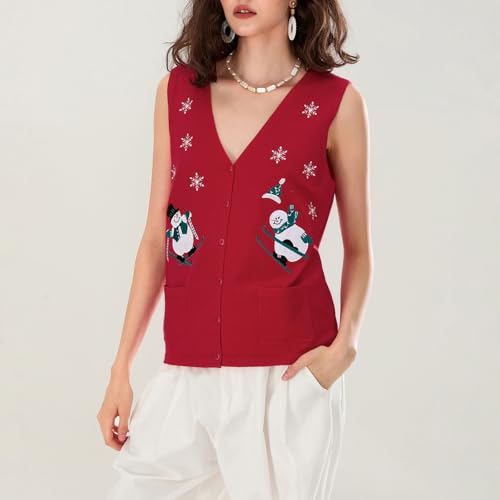 Image of KMBANGI Women Christmas Button Sweater Vest Embroidery Sleeveless Cardigan