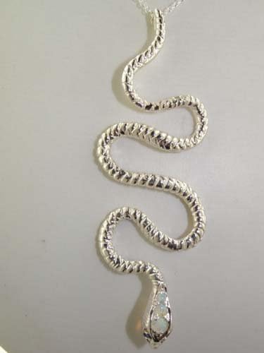 Vista 2 de Ladies Solid 925 Sterling Silver Natural Opal & Sapphire Detailed Snake Pendant Necklace