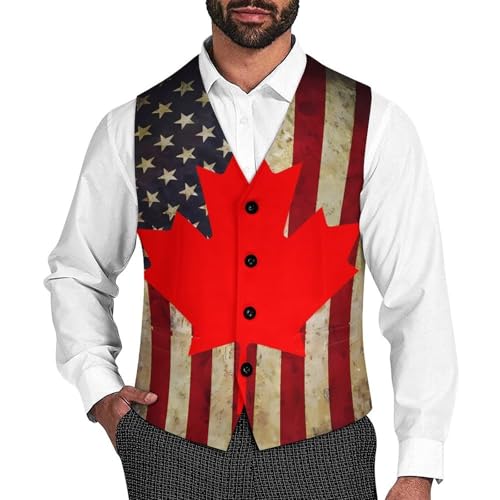 Vintage America-Canada Flag Novelty Men's Suit Vest Funny Formal Dress Vests Business Waistcoat