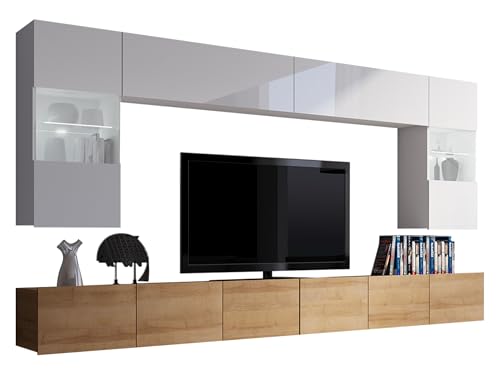 Moderne Wohnwand Calabrini I, Anbauwand, Mediawand, Hängevitrine, TV Lowboard, Wandregal, Wohnzimmerschrank, Fernsehschrank (mit weißer LED Beleuchtung, Eiche Gold/Weiß + Weiß Hochglanz)
