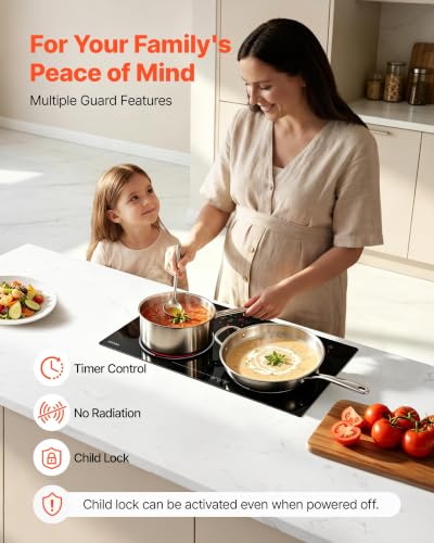Image of VEVOR Electric Cooktop 24inch 2 Burners Portable Stove Top 1800W 120V, Ceramic Countertop /Built-in Radiant Electric Stove, with 9 Power Levels, Timer, Child Lock, Over-Heat Guard, Touch Control
