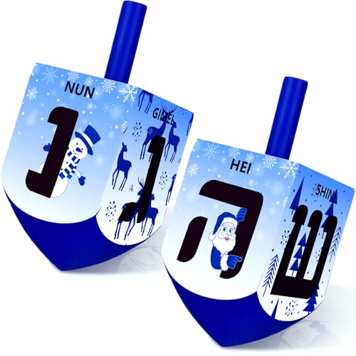 Wonderjune 2 Pcs Hanukkah Dreidels Extra Large Wooden Dreidel for Hanukkah Decoration with English Transliteration, Forever Spinning Tops Party Favors(Snowman)