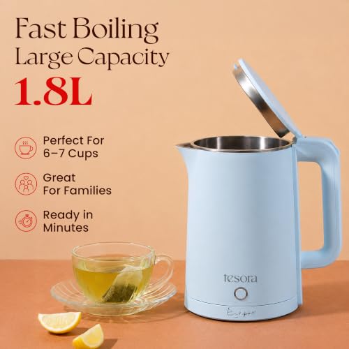 Image of Tesora by Cook with Parul Electric Kettle, 1.8L, 12 Recipes Book Included, 1500W, 100% Stainless Steel Inner Body, Auto Shut-Off, Boil-Dry & Overheat Protection, Cool Touch Double Wall (Blue)