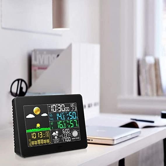 Estación meteorológica para Interiores y Exteriores, termómetro LCD, Humedad, función de repetición, Despertador, Amanecer y Atardecer, Calendario, pronóstico.