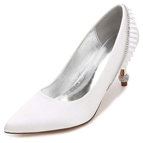 QZPM Ivory Brautschuhe Frauen Spitze Satin Kitten Heel Geschlossene Zehe Pumps Sandalen Damen Hochzeit Bridesmaid Schuhe,Elfenbein,38 EU Cover