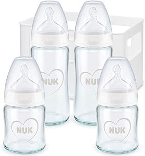 NUK First Choice+ Glass Baby Bottles Starter Set | 0-6 Months | 4 x Anti Colic Bottles & Bottle Crate | BPA-Free | Grey & White | 5 Count
