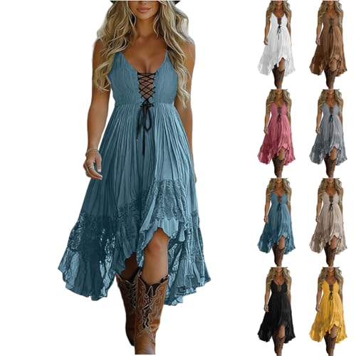 Western Dress for Women Vintage Lace Patchwork Sleeveless Irregular Hem Flowy Cowgirl Maxi Dress Western Outfit
