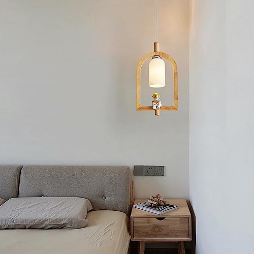 Suspension en bois véritable style campagnard et globe en verre opalin chic - 5