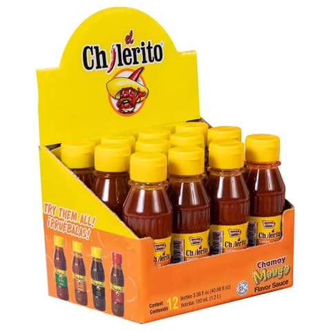 EL CHILERITO DISPLAY 12 Pcs Sauce Chamoy Mango Flavor 100ml/ 3.3Fl. Oz - Mexican Foods - Excellent For Fruits, Sweets, Snacks, Drinks And Cocktails - Mexican Flavor - To Share With Friends And Family - Kosher - Natural Cover