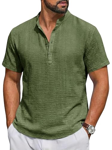 Image of Runcati Mens Casual Henley Shirt Short Sleeve Band Collar Textured Shirts Summer Beach Hippie T-Shirts