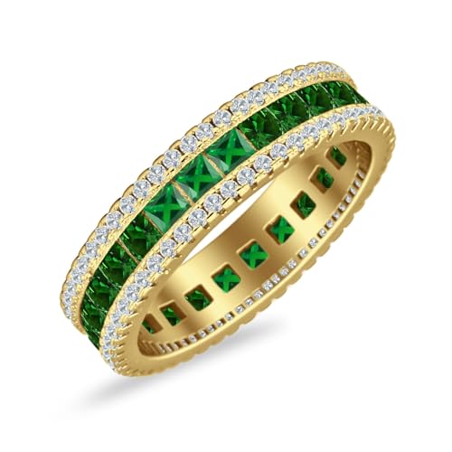 OMRANII Minimalist 4.8mm Three Row Full Eternity Band Round & Princess Cut Cubic Zirconia Rings Classic Style Statement Wedding Bands For Women 925 Sterling Silver Gift For Her