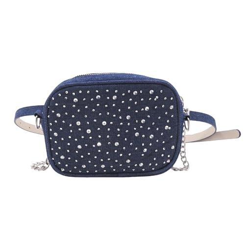 Pochete jeans feminina com alça ajustável e corrente cravejada de cristal brilhante bolsa transversal, Azul marino, One Size