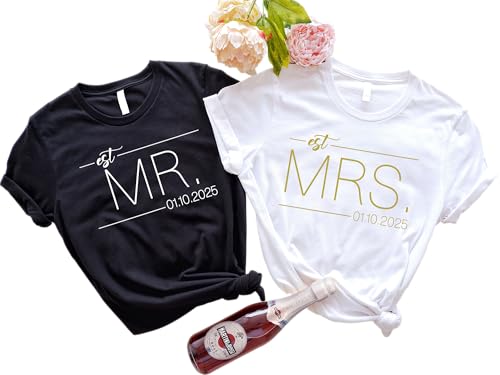 Mr and Mrs Shirts Custom Date Wifey and Hubby Shirts Bride and Groom Tees Wife and Husband Tshirts Honeymoon Tshirts for Couples Matching Est Date Just Married Tees