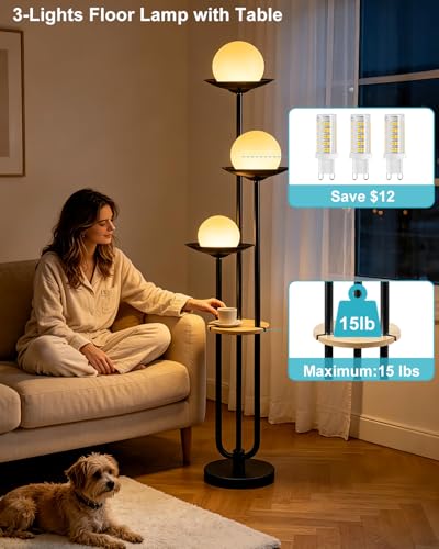 Image of Lightdot 3-Globe Dimmable Floor Lamp with Table Modern Floor Lamps with 5Lbs Heavy Base for Wedding /Party 3000K Warm White Bulbs Included Black Standing Lamp for Living Room /Bedroom /Sofa Beside /Corner