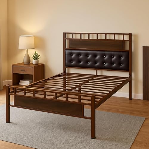 Image of Orvo Metal Extra Single Size Bed Without Storage | Wrought Iron Single Bed with Headboard & Footboard| Sturdy Powder Coated Platform Cot for Bedroom (Orvo Brown)