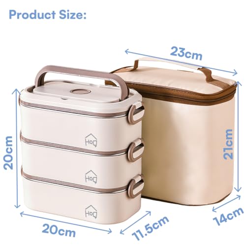 Image of House of Quirk 304 Stainless Steel Bento Lunch Box for Adults - 3 Stackable Leakproof Containers with Insulated Thermal Carry Case, Spoon & Fork Included, Microwave Safe Portable Tiffin Box (Beige)