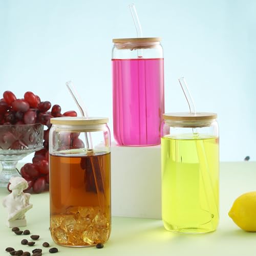 HAOYULUO 6er Set Glas mit Deckel und Strohhalm, 500 ml Trinkgläser mit deckel, Dosenförmige Glasbecher, Geeignet für Eiskaffeetassen… – Ansicht 3