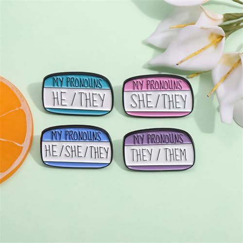Image of zhanghaoran 4Pcs MY PRONOUNS HE /THEY Enamel Pins Third-Person Pronoun Brooches Lapel Pins Badges Clothes Hat Bags Accessories Jewelry Gift, White