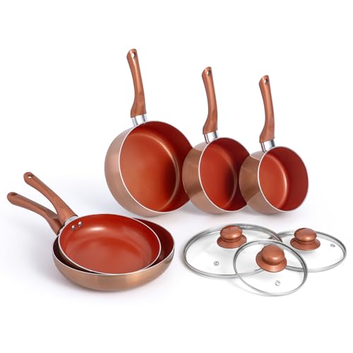 VonShef Pots and Pans Set 8 Piece Induction Safe Non-Stick Saucepan and Frying Pan Set Easy Clean Copper Pots and Pans Set with Glass Lids PFAS PTFE PFOA Lead & Cadmium Free