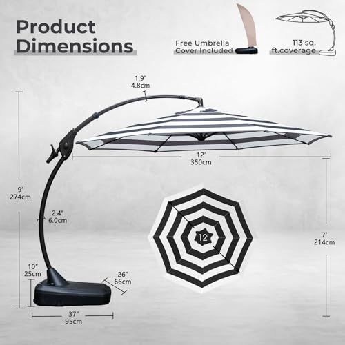 Image of Grand patio 12FT Cantilever Round Umbrella with Base & Cover, Black & White