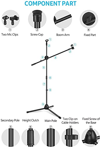 Image of Amazon Brand - Solimo Mic Stand with Boom Arm & Stable Tripod Base Professional mic stand | Universal Clip Holder | Ideal for Podcasting, Singing, Studio & Stage Performance