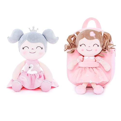 Image of Gloveleya Plush Doll & Toddler Backpack Bundle -Swan Doll and Curly Girl Pink Backpack