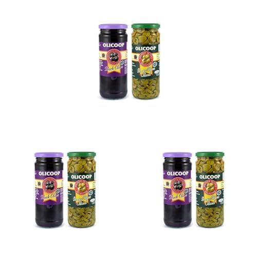 Image of Olicoop Black Slice Olives + Green Slice Olives, 450g, Pack of 3 Unit Each, for Authentic Taste in Cooking, Snacking, Pizzas toppings or Italian Pastas Ingredient