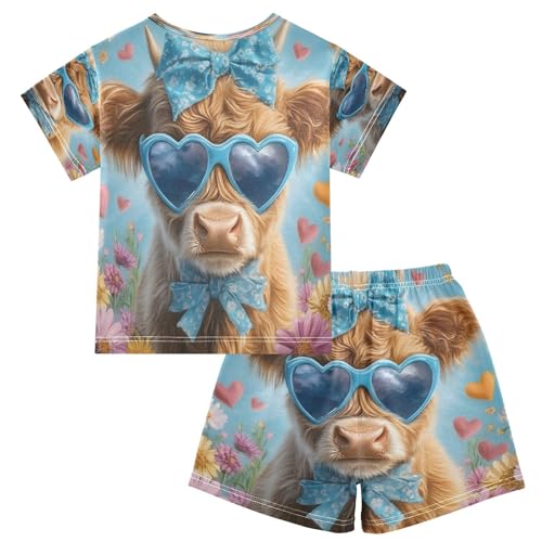 ALAZA Highland Cattle Flower Heart Pajamas Set Short Sleeve Cotton Sleepwear Summer Pjs 2 Piece 5-14Y2