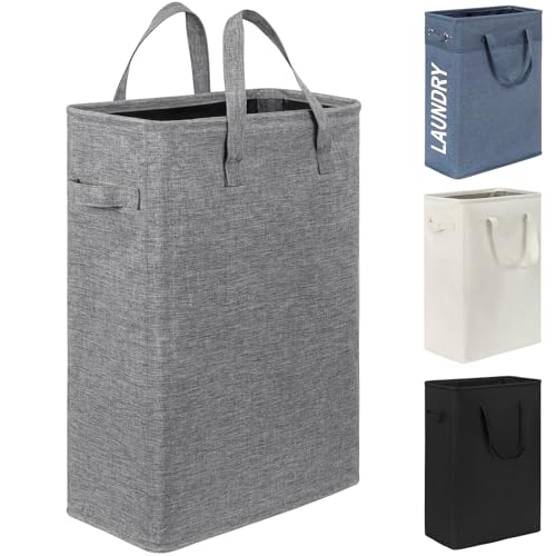 Image of Chrislley 45L Slim Laundry Hamper Narrow Laundry Basket with Handle Foldable Dirty Clothes Portable Skinny Hamper Organizer Storage Bins (22 inches, Upgrade Grey)