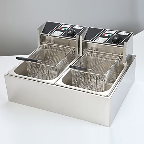 WOTZOV Freidora de Acero Inoxidable con - cestas - 6 litros - termostato 50°-200°C - Temporizador - asa de Tacto frío - Dispositivo de protección térmica - LED de Estado - ，82.5 * 50 * 40cm