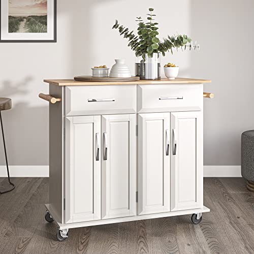 Belleze Rolling Kitchen Island Cart On Wheels With Storage Cabinet, Mobile Kitchen Cart Island Table With 2 Drawers Towel Racks Rubber Wood Top Coffee Bar For Dinning Room, 41.7”Lx18.5”Wx37”H, White #TOP1