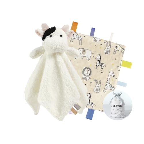 Image of CREVENT Cozy Plush Baby Security Blanket, Loveys for Baby Girls and Boys, Birthday (Cow + Tag)