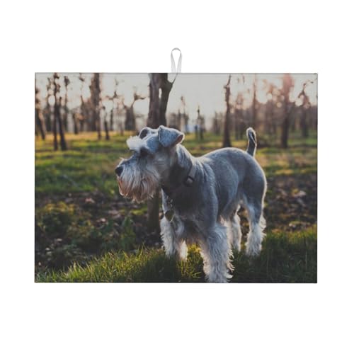 台所水切りマットミニチュアシュナウザー 芝生のペット グレーの犬 速乾吸水マット 食器乾燥マット 丸めて収納 皿置き 速乾性 耐油性 抗菌 消臭 お手入れ簡単 大判 衛生 防カビ 丸めて収納 滑り止め 棚シート46*61cm