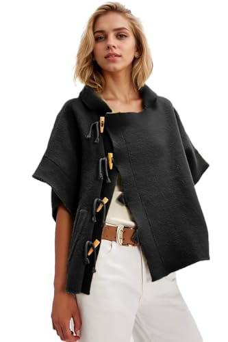 Image of Women Casual Poncho Sweater Wrap Hooded Batwing Sleeves Button Down Lightweight Cape Shawl Shirt Top