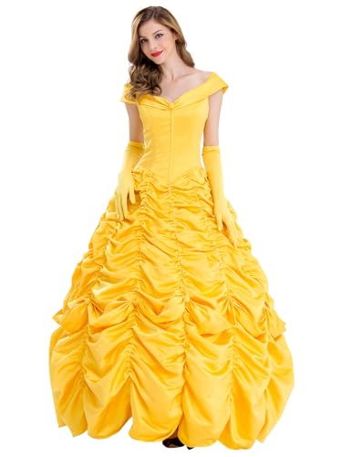 New front Femme Robe de Soirée Princesse Belle La Belle et la Bête Costume pour Fête Carnaval Déguisement pour Adulte Surlongueur avec Gants Halloween...