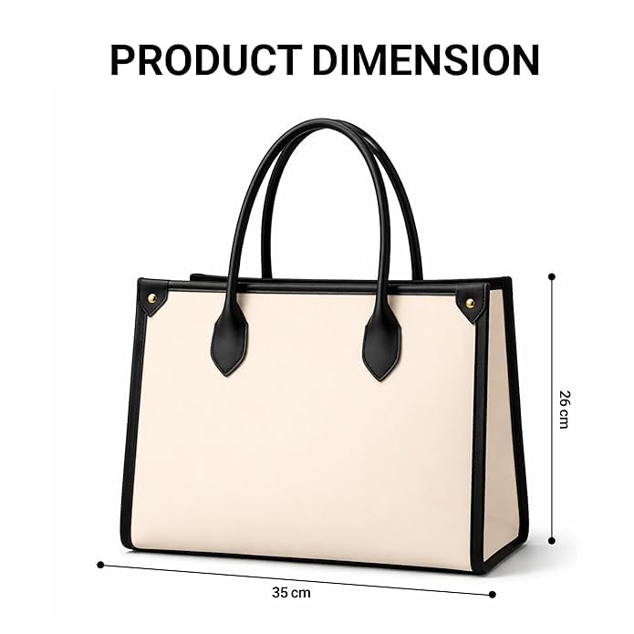 Image of Women's Laptop Tote Bag Stylish Office Handbag for Women | Large Capacity Ladies Shoulder Bag | Premium Structured Leatherette Purse for Office, College & Travel | Beige Black