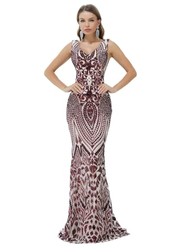 Image of Women's Wedding Bridesmaid Gown Sequined Mermaid V Neck Sleeveless Evening Dress