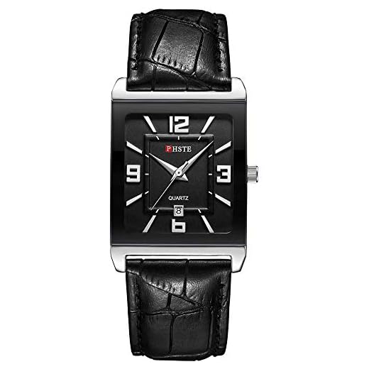 PHSTE Men's Square Analog Quartz Watch Date Waterproof Calfskin Black Leather Band Rectangular Face Casual Dress Wrist Watches Male Rectangle Dial Wristwatch