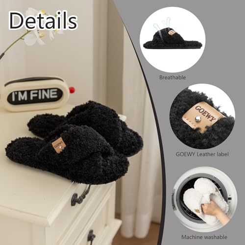 Image of GOEWY Fuzzy Open Toe Slippers for Women Cozy Memory Foam House Shoes Indoor | Cute Cross Band,Soft Faux Fur,Anti-slip Sole Outdoor,Machine-washable,Lightweight,Slip on Gifts for Women,Mom and Bridesmaid