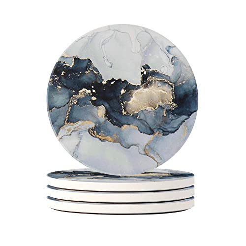 HAOCOO 4 Stück Runden Getränk Untersetzer - Saugfähiger Stein Untersetzer Set mit Korkboden und Keramik Stein, Dekorativ Untersetzer für Arten von Bechern und Tassen (Grauer Marmor) Cover